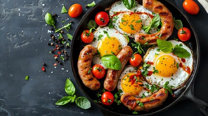 A delicious breakfast of grilled sausages and sunny-side-up eggs garnished with fresh herbs, served in a cast-iron skillet. Perfect for food photography, brunch inspiration, and culinary content.