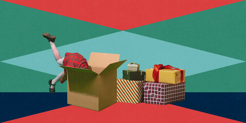 Little girl diving into giant gift box. Thrill moment of unwrapping presents and discovering surprises. Contemporary art in retro style. Concept of Merry Christmas, winter holidays. Poster, postcard