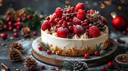 Christmas fruit cake with Christmas decor. Copy space.Christmas atmosphere. 