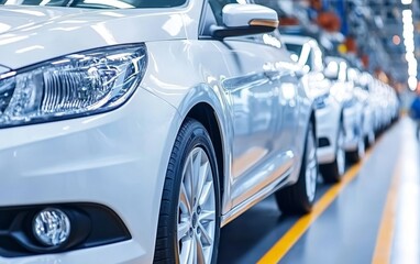 Row of brand new white cars on assembly line in modern automotive factory, showcasing precision manufacturing and quality control in the automotive industry