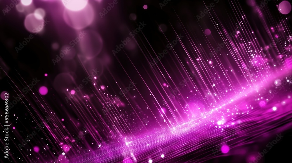 Poster Abstract background with vibrant purple light rays and scattered bokeh lights, illustrating a glowing digital data stream against a black backdrop. This dynamic scene represents modern digital technol