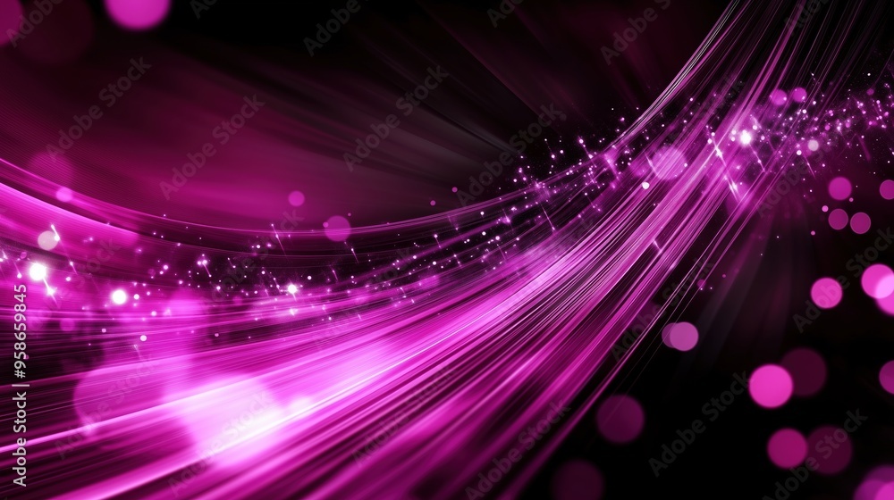 Poster Abstract background with vibrant purple light rays and scattered bokeh lights, illustrating a glowing digital data stream against a black backdrop. This dynamic scene represents modern digital technol