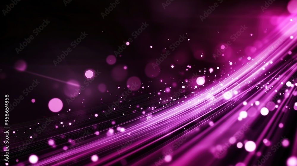 Poster Abstract background with vibrant purple light rays and scattered bokeh lights, illustrating a glowing digital data stream against a black backdrop. This dynamic scene represents modern digital technol