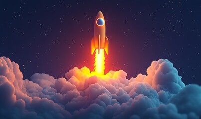 A Rocket Launching Through Clouds in a Starry Night Sky