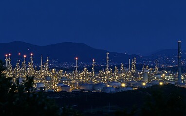 Obraz premium Illuminated oil refinery complex at night with mountain silhouettes in background, demonstrating industrial scale and energy production infrastructure