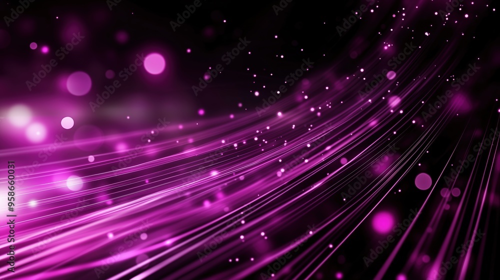 Poster Abstract background with vibrant purple light rays and scattered bokeh lights, illustrating a glowing digital data stream against a black backdrop. This dynamic scene represents modern digital technol