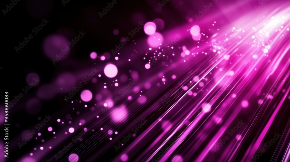 Poster Abstract background with vibrant purple light rays and scattered bokeh lights, illustrating a glowing digital data stream against a black backdrop. This dynamic scene represents modern digital technol