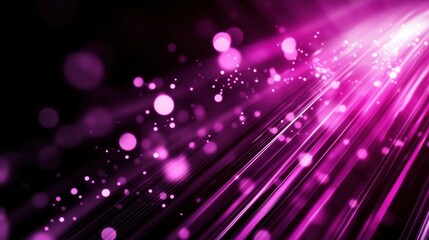 Abstract background with vibrant purple light rays and scattered bokeh lights, illustrating a glowing digital data stream against a black backdrop. This dynamic scene represents modern digital technol