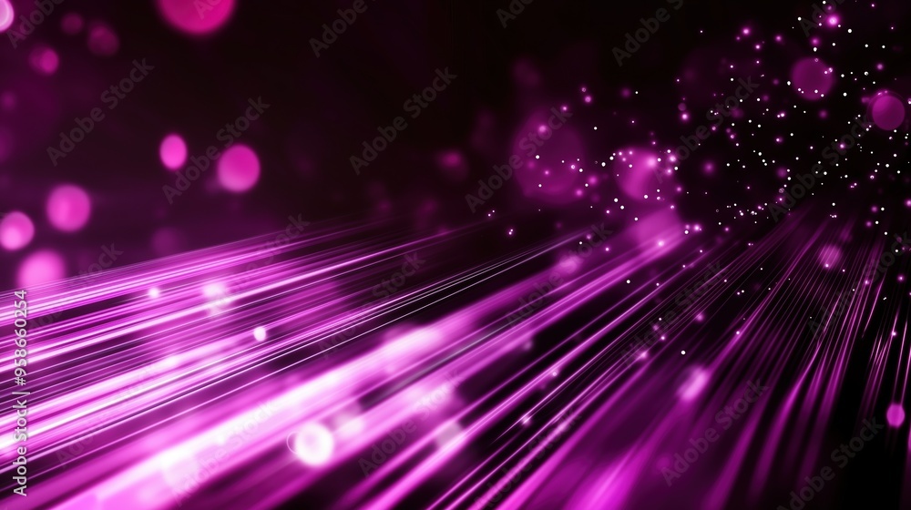 Aufkleber Abstract background with vibrant purple light rays and scattered bokeh lights, illustrating a glowing digital data stream against a black backdrop. This dynamic scene represents modern digital technol