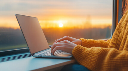 Hands typing on a laptop during a scenic train journey at sunset, embodying the independence and flexibility of the digital nomad lifestyle.