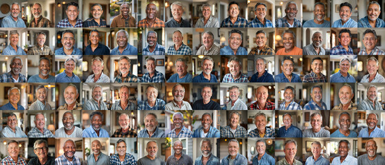 People - Retired Men - a grid of 84 unique square headshots of a variety of diverse, smiling, friendly mature older men in a casual home setting - 88MP XXXL