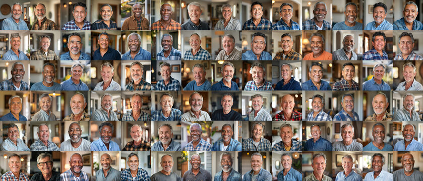 People - Retired Men - a grid of 84 unique square headshots of a variety of diverse, smiling, friendly mature older men in a casual home setting - 88MP XXXL