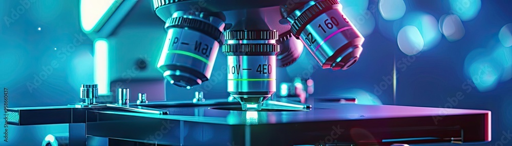 Poster close-up of a modern microscope showcasing intricate details and colorful illumination, perfect for 