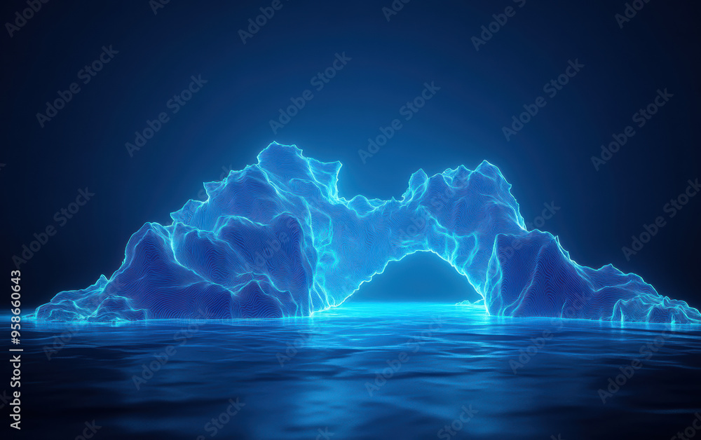 Aufkleber futuristic digital iceberg with neon blue wireframe, floating in an ocean, signifying technology and