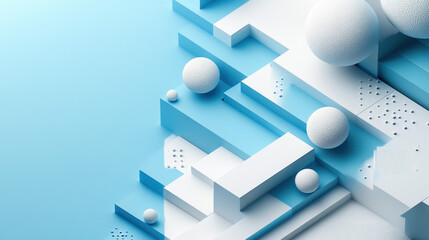 Abstract  geometric shapes with light blue and white color scheme, featuring spheres and rugged textures, minimalist modern digital art.