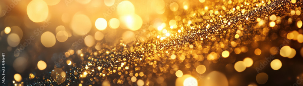 Poster bokeh background with shimmering golden lights creating a blurred abstract effect, ideal for festive