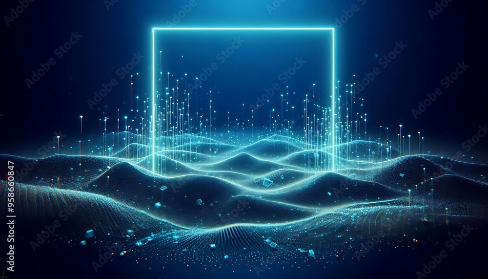 Poster a blue and neon green background with a large square in the middle. the square is surrounded by a lo