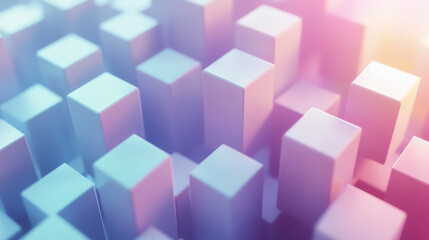 Abstract  cityscape with colorful geometric rectangular buildings, illuminated with soft pastel lighting and dreamy atmosphere.