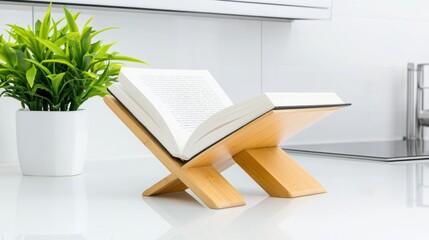 Sustainable Bamboo Book Stand Holding Open Cookbook for Eco-Friendly Kitchen Organization
