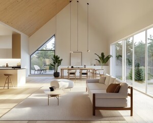 Fototapeta premium Advanced Scandinavian living room, airy space, minimalist aesthetics, smart lighting, voice-controlled features, eco-friendly materials, tranquil vibe