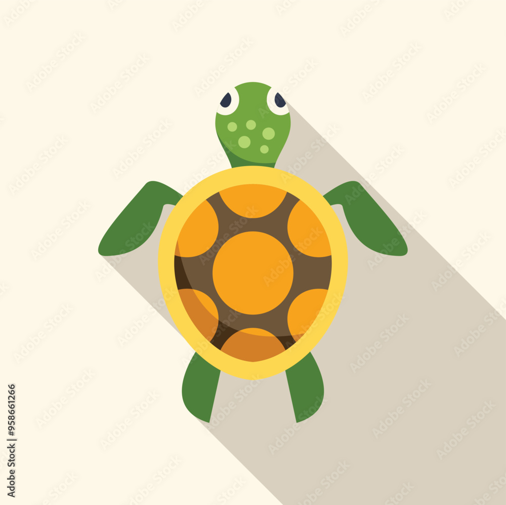 Poster green turtle swimming with big yellow shell flat design icon with long shadow on a light background