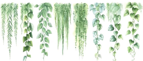 A series of green vines are painted on a white background