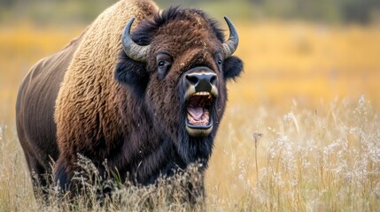 Bison Roaring in a Field of Tall Grass