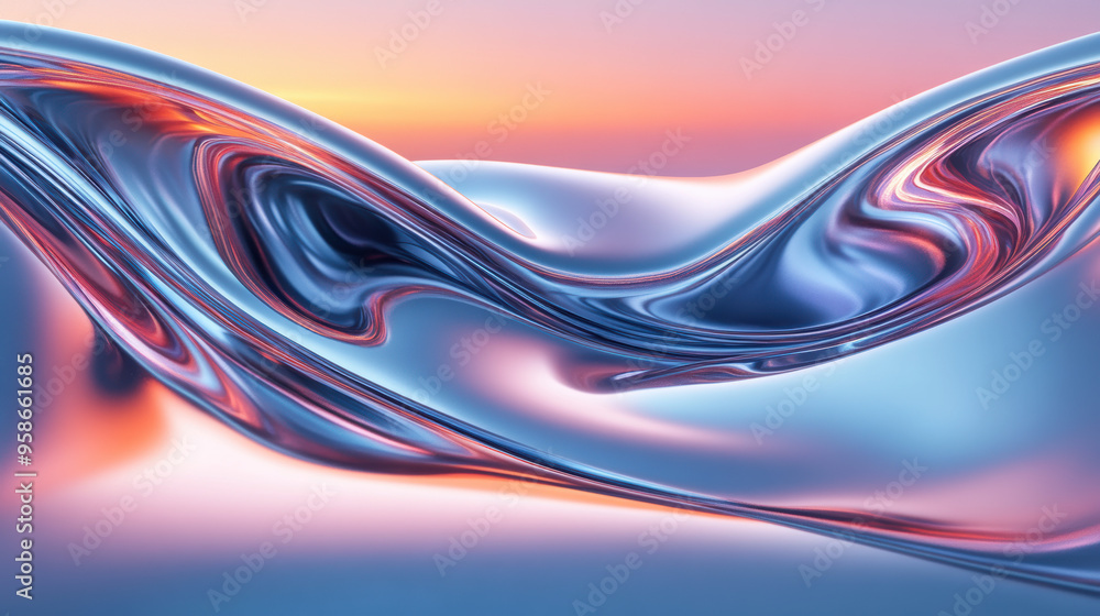 Poster abstract of smooth flowing metallic shapes with gradient lighting, creating a futuristic and modern 