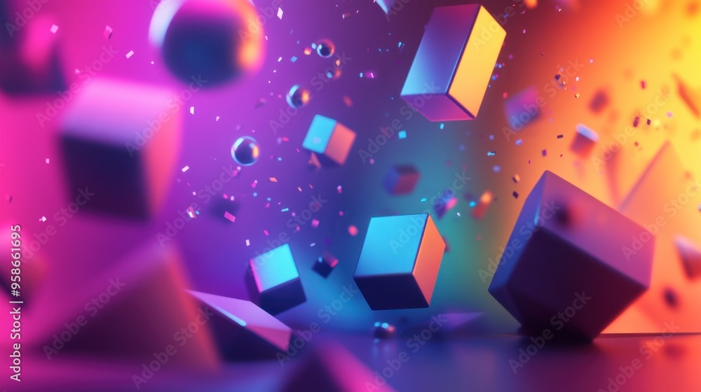 Poster a 3d abstract multicolor visualization with floating geometric shapes and glowing effects, creating 