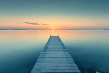 Idyllic sunset view over calm water from a wooden dock. Soft colors fill the sky, creating a peaceful atmosphere. Ideal for relaxation and inspiration. Generative AI