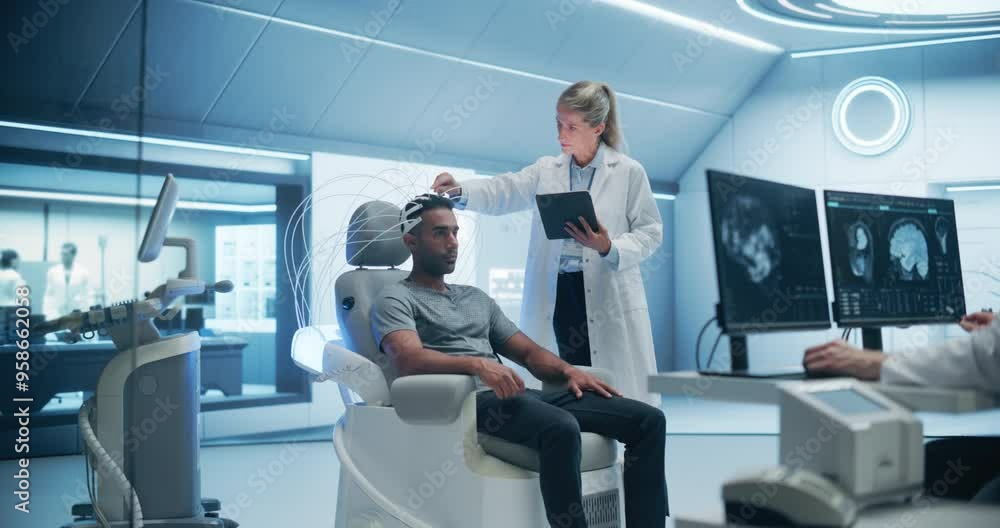 Aufkleber In a Advanced laboratory: Doctors Utilize Advanced Brain Scanning Technology to Diagnose and Treat Neural Disorders, Enhancing Cognitive Function. the Patient Wearing Headset for a High-tech Scan.