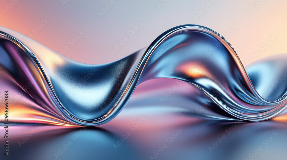 Poster abstract metallic wave with smooth curves. shiny texture in blue and pink hues. modern design concep