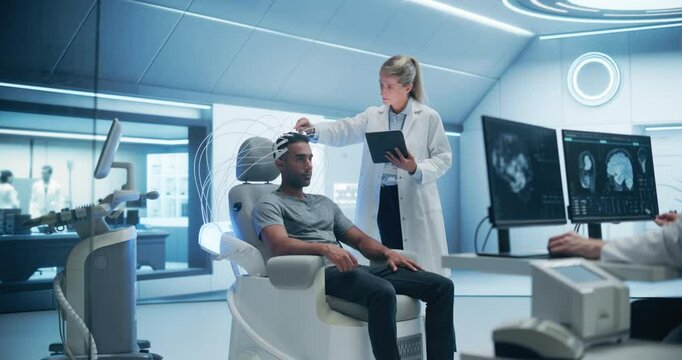 In a Advanced laboratory: Doctors Utilize Advanced Brain Scanning Technology to Diagnose and Treat Neural Disorders, Enhancing Cognitive Function. the Patient Wearing Headset for a High-tech Scan.
