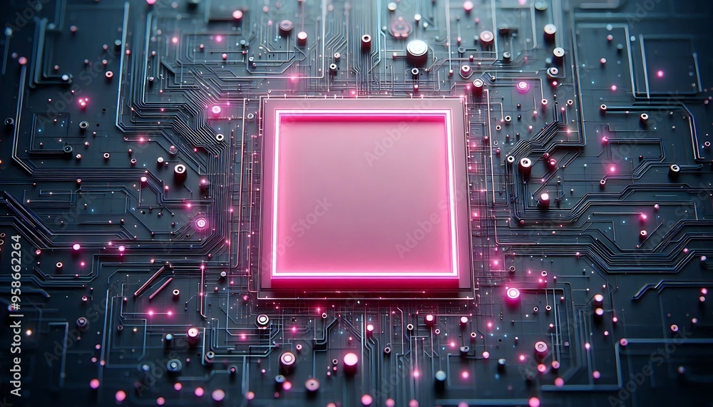 Poster a computer chip with a pink square in the middle. the square is surrounded by a lot of other compute