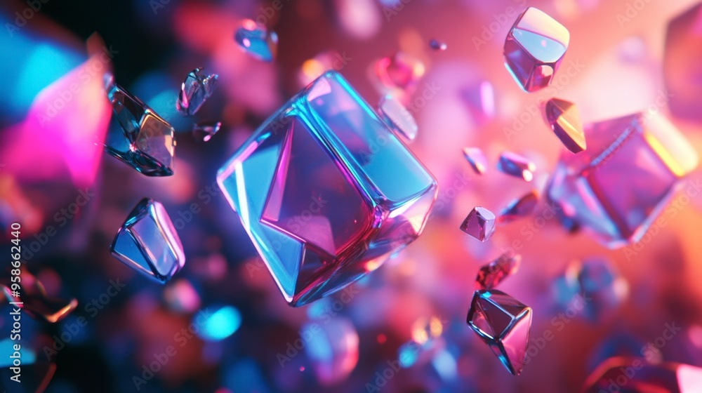 Poster a 3d abstract multicolor visualization with floating geometric shapes and glowing effects, creating 