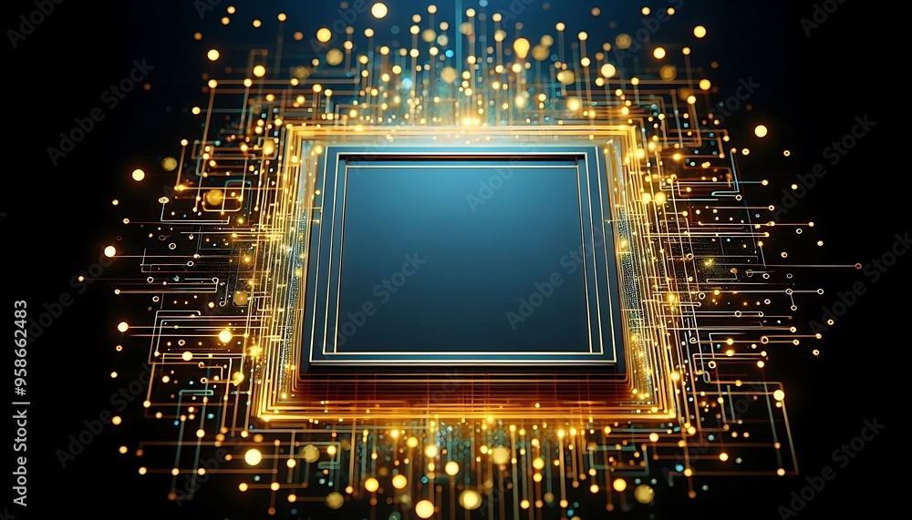 Poster a computer chip with a gold frame and a blue background