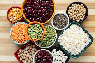 several pots with raw grains for preparing healthy food