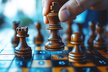 Strategic Chess Move: A close-up shot of a hand moving the king piece on a chessboard. The image evokes a sense of strategy, planning, and calculated risk in a game of intellect and power.  