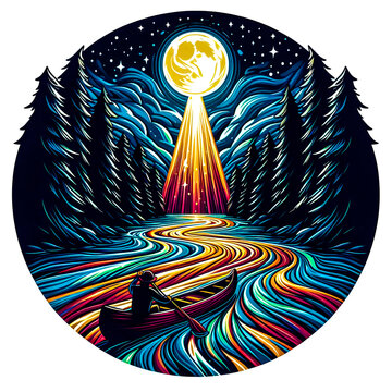 recommend clip art: The scene features the moonbeam illuminating not just the canoeist but also causing the water to glow in vivid minimalist vector art illustration images on a white background.
                    