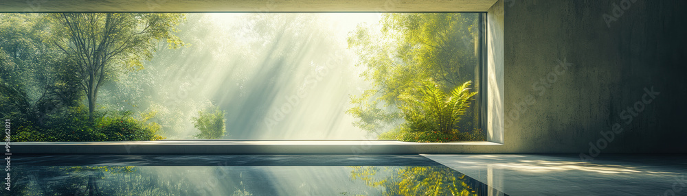 Poster sunlight filters through lush trees, illuminating a modern open-concept space with a view of the ser