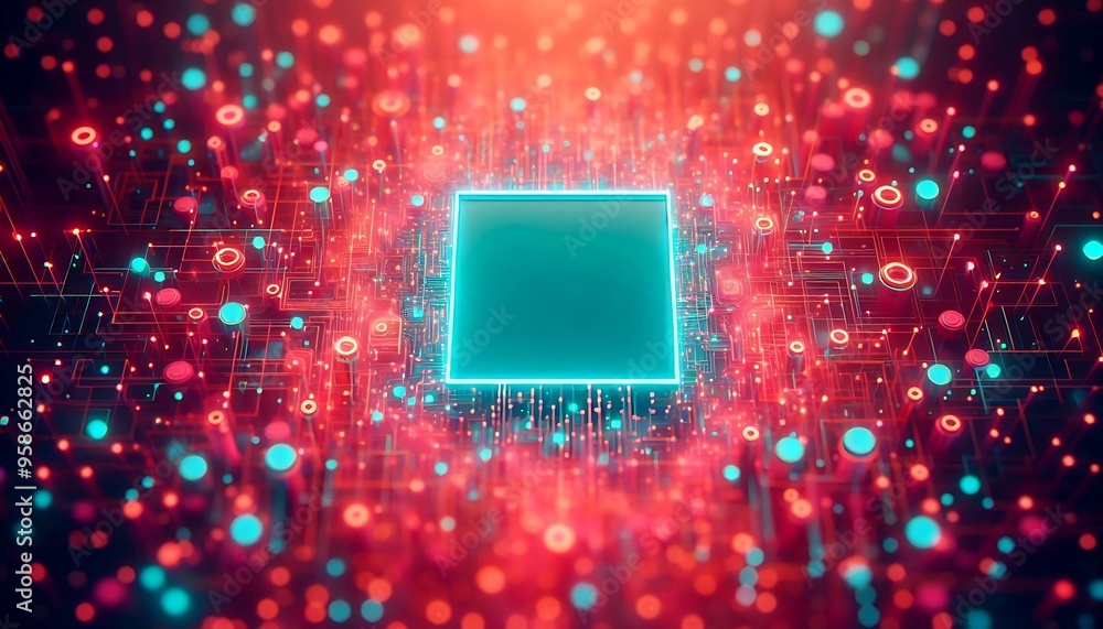 Poster a computer chip is surrounded by a colorful, glowing background. concept of technology and innovatio