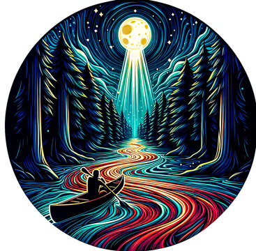 recommend clip art: The scene features the moonbeam illuminating not just the canoeist but also causing the water to glow in vivid minimalist vector art illustration images on a white background.
                    