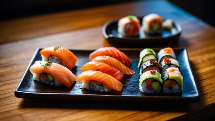 Artfully Arranged Sushi Platter on a Wooden Board