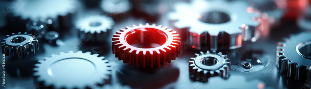 Poster close-up of metallic gears with one highlighted in red, symbolizing standout or uniqueness in indust