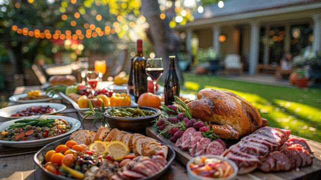 American, thanksgiving and dinner of turkey, food and vegetables on dining table outdoor. Usa, tradition and culture as celebration, express gratitude and reflect on blessings with meat on backyard