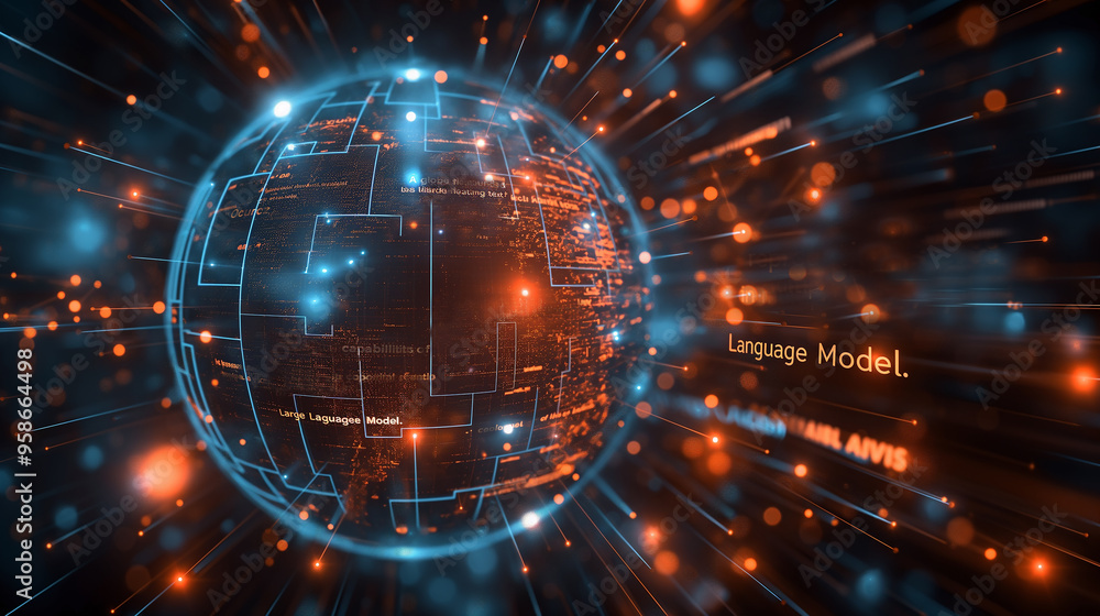 Poster the concept of llm, ai large language model with icons concept. ai deep learning to use for work sup