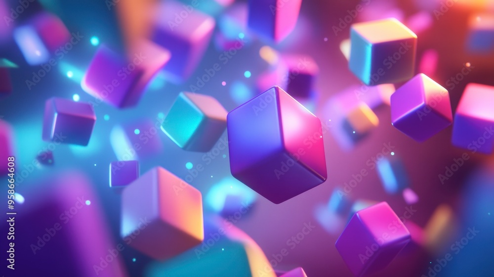Poster a 3d abstract multicolor visualization with floating geometric shapes and glowing effects, creating 