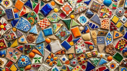 Fototapeta premium wall, design,ceramic, colorful, symmetrical, A symmetrical design made of many colorful pieces of broken ceramic embedded in the wall