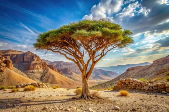 outdoor, nature, stock photo, historic site, A beautiful stock photo showcasing a towering Frankincense tree surrounded by the serene landscape of Wadi Dawkah at Frankincense Nature Resort