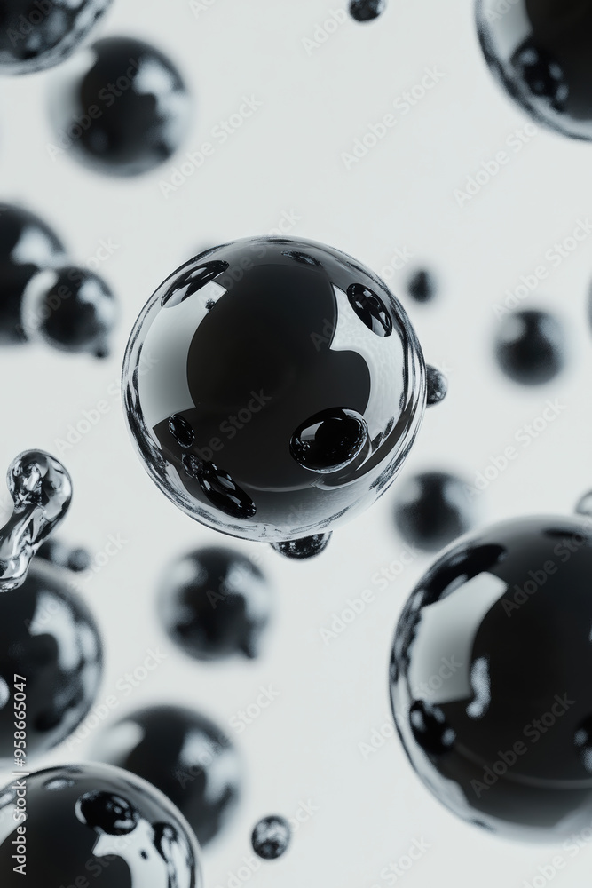 Aufkleber abstract macro close-up of black glossy spheres suspended in mid-air on a white background, creating